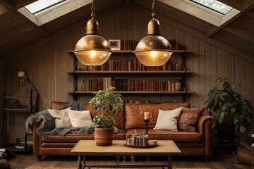 Vintage Brass Lighting & Leather Details in Rustic Scandinavian Living Room