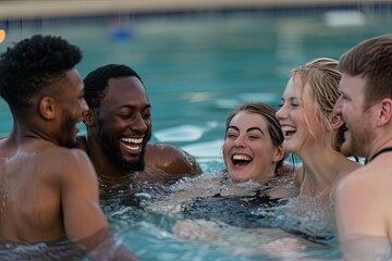 Fototapeta premium Group of young people swimming in the pool of a hotel during summer vacations.