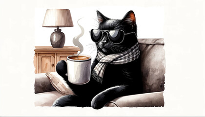 black cat drinks a coffee