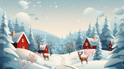 Winter wonderland with snow-covered trees and cozy cabins