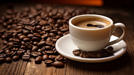 Obraz premium Freshly brewed coffee in a white cup surrounded by roasted coffee beans