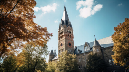 Gothic architecture tower rising amidst autumn trees against a blue sky