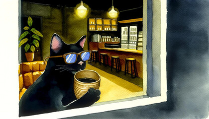 black cat in midnight cafe