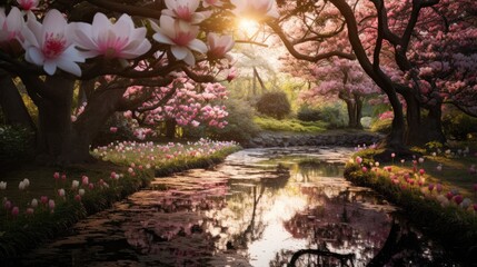 A beautiful spring landscape with blooming rose trees in the garden or in the forest. Beauty is in nature.