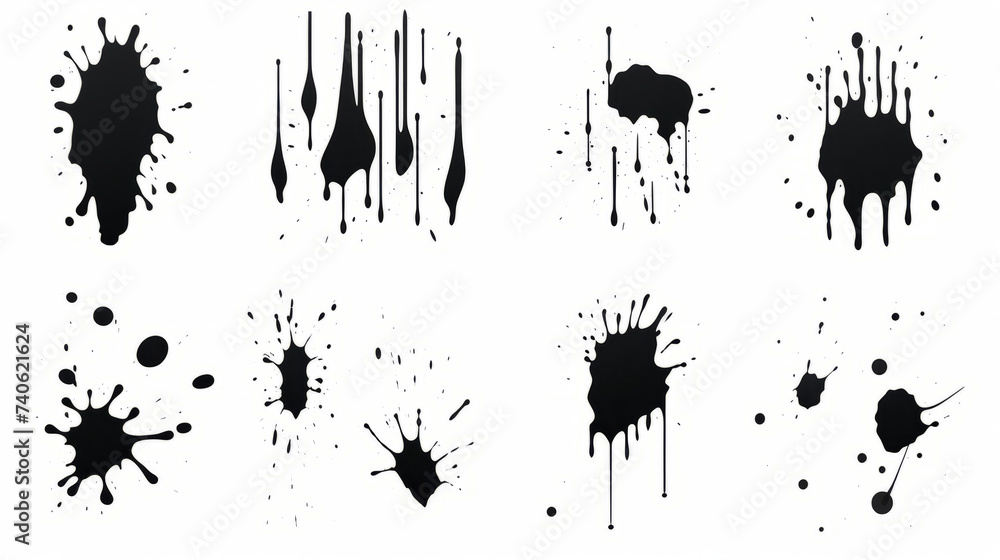 Wall mural variety of black paint splatters and drips on white background