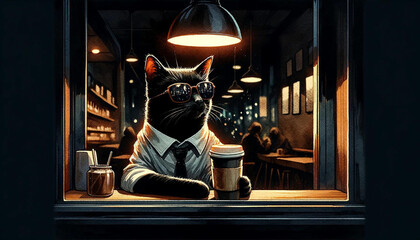 black cat in midnight cafe