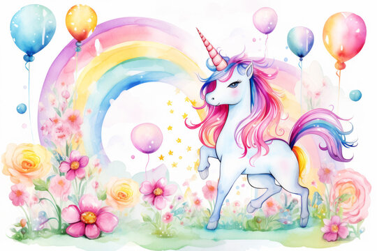 Colorful unicorn with vibrant rainbow, balloons, and flowers in a whimsical scene