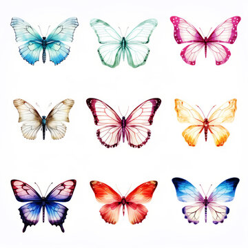 Assorted watercolor butterflies on white background, vivid nature collection