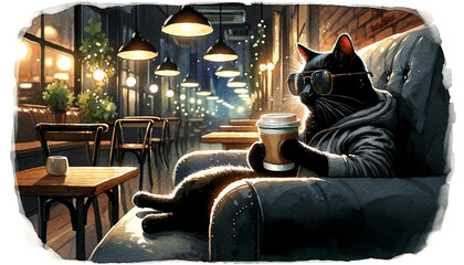 black cat in midnight cafe