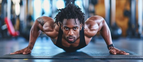 Young man exercising by doing push ups on a fitness mat in a gym - obrazy, fototapety, plakaty