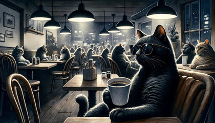 black cat in midnight cafe