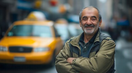 Happy senior taxi driver standing on the city street in front of his yellow taxi vehicle for...