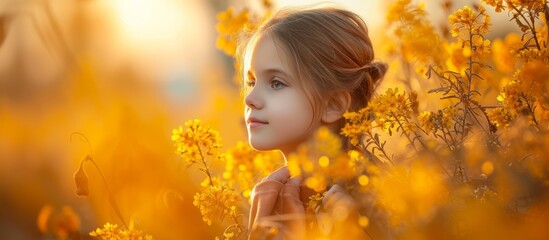 Fototapeta premium Adorable little girl enjoying a sunny day in a beautiful field of blooming yellow flowers