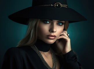 Fashion model woman in black hat.