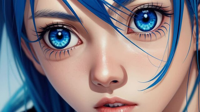 portrait of a cute girl with blue hair and blue eyes in anime style. close up.
