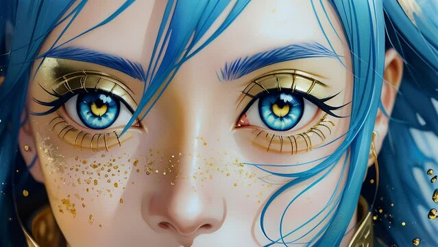 close up of blue eyes with golden makeup a girl with blue hair in anime style.
