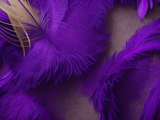 Purple backdrop with feathers, ideal for copy space design and Mardi Gras celebration.