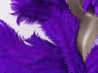 Purple backdrop with feathers, ideal for copy space design and Mardi Gras celebration.