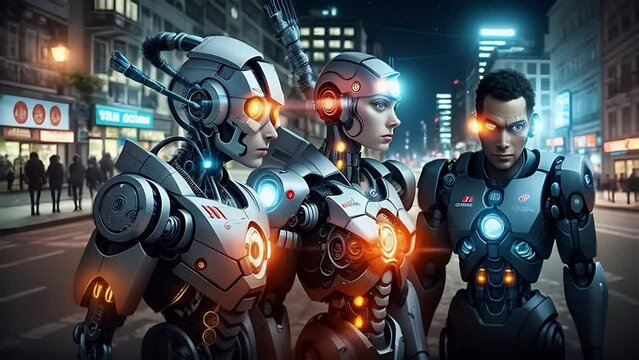 close up team of cyborg robots on the streets of the city. generative AI.
