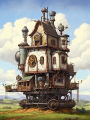 Whimsical Steampunk Gear Art: Rustic Countryside Illustrations in Farmhouse Style