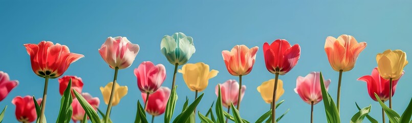 spring colorful tulips against a blue sky