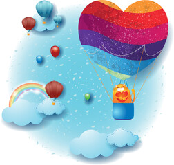Sky landscape with balloon heart shaped and cat, valentine background. Vector illustration eps10