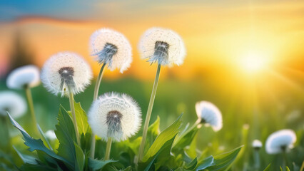 White dandelions on a green meadow in the rays of the setting sun