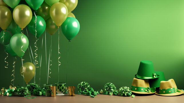 Saint Patrick's Day background with leprechaun hat and green balloons.