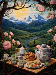 Highland Tea Time: Whimsical Bakery Scenes in Mountain Landscape Art