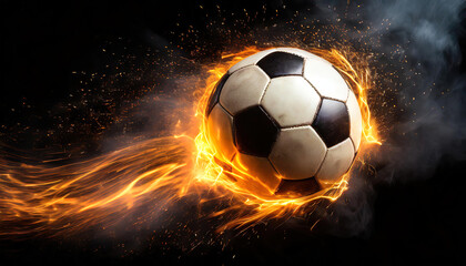 Naklejka premium Soccer ball with fire effect and sparks