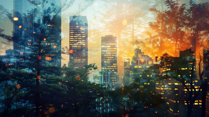 A double exposure photograph combining the vibrant urban skyline at twilight, with its myriad of lights and towering skyscrapers, overlaid with the tranquil silhouette of a dense forest
