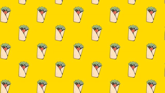 4k animated sandwich motion pattern on white background. Motion Wallpaper Banner or Card Template. Fast Food animated pattern design. Multiple uses.