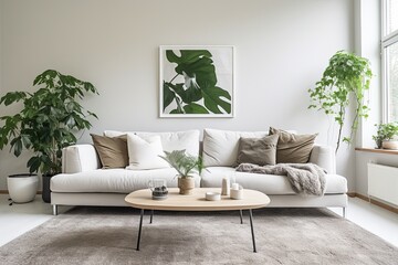White Sofa Mid-century Room: Nordic Coffee Table, Green Plants and Apartment Vibes