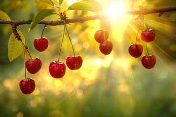 Branch with red ripe cherries in the golden rays of the sun. - obrazy, fototapety, plakaty