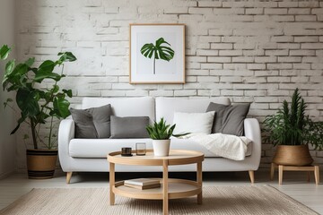White Sofa Mid-century Room: Nordic Coffee Table with Green Plants in Apartment