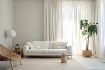 Fototapeta na wymiar White Mid-century Minimalist Room: Sofa, Curtain-Draped Windows, Cozy Textiles
