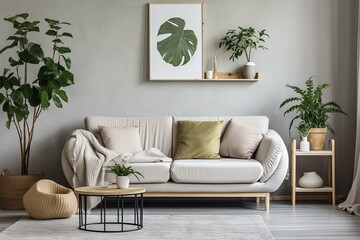 White Sofa Mid-Century Room: Nordic Coffee Table and Green Plants D�cor