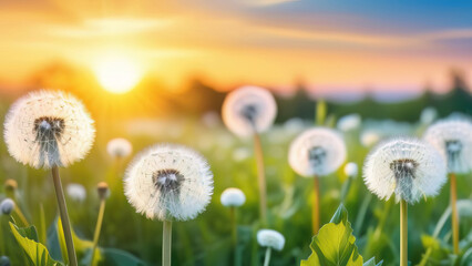 Dandelion flowers on green meadow at sunset