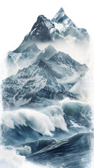 A double exposure image that merges the powerful, rolling waves of the ocean with the rugged, majestic peaks of mountains