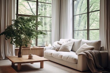 Minimalist Mid-century White Sofa Room with Cozy Textiles, Draped Curtain Windows