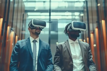 Fototapeta na wymiar Business professional exploring new horizons with VR headset modern depiction of virtual reality technology in corporate world showcasing businessman fully immersed in digital simulation