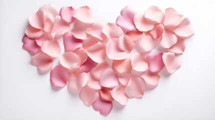 Pink rose petals into the heart shape on the background
