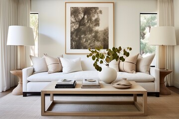 White Sofa Mid-century Room: Chic Lamp, Laminate Board Flooring, and Cushioned Seating