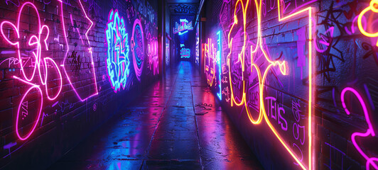 Futuristic urban street art. Bright Cyberpunk vibes. Neon graffiti on a wall.