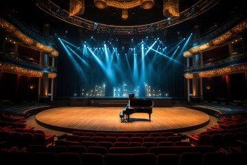 Immerse your audience in the majesty of a concert hall backdrop, featuring tiered seating, majestic...