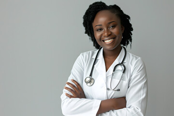 Smiling african american woman doctor posing, isolated on white background