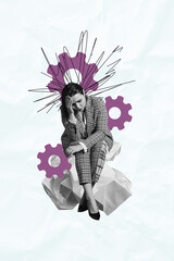 Vertical composite creative art collage of sad worried girl secretary sit crumpled paper think gears doodle process isolated on paper background