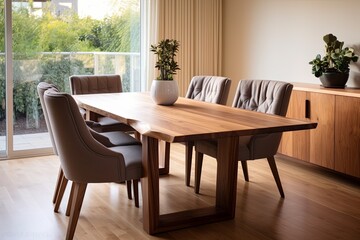 Contemporary Home: Wooden Dining Table and Fabric Lounge Chair Elegance