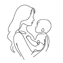  mother with child, illustration in vector style, simple continuous line drawing, minimalism, on a white background