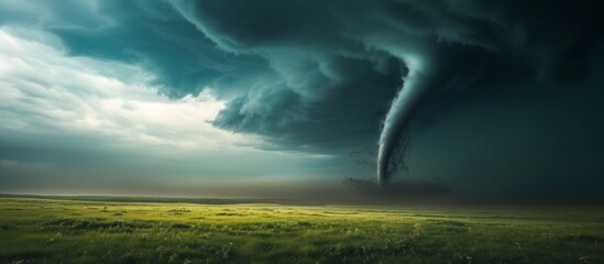Dramatic tornado cloud swirling ominously over a vast countryside field